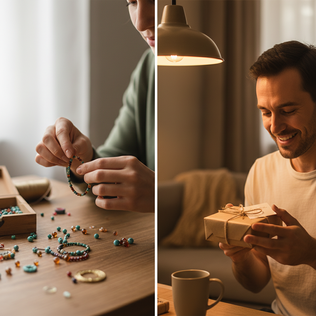 A woman crafting a beaded bracelet alongside a man receiving a handmade gift with joy